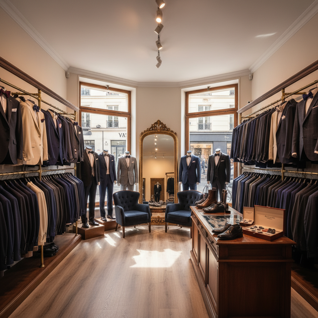 Parcours d’un costume dans un magasin de costume de mariage pour homme : de la prise de mesures aux retouches finales Image pour magasin de costume de mariage pour homme